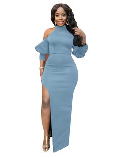 Material:81-90% Polyester. Features:Shoulder sleeve. solid color. off-shoulder. split. maxi dresses.Style:Casual/Party. Off-shoulder Solid Color Dress For Night Out, Chic Off-shoulder Solid Color Dress, Chic Off-shoulder Dress In Solid Color, Chic Cold Shoulder Fitted Maxi Dress, Off-shoulder Maxi Dress With Side Slits For Spring, Spring Off-shoulder Maxi Dress With Side Slits, Blue Fitted Off Shoulder Maxi Dress, Blue Off Shoulder Maxi Dress For Party, Spring Evening Solid Off-shoulder Dress