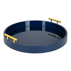 a blue and gold tray with two handles on the bottom, in front of a white background