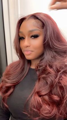 Burgundy Half Up Half Down Wig, Colored Wig Hairstyles, Half Up Half Down Wig, Ski Birthday, Winter Hairstyles For Black Women, Burnt Orange Hair, Curly Hair Sew In, Wig Installation, Nice Smile