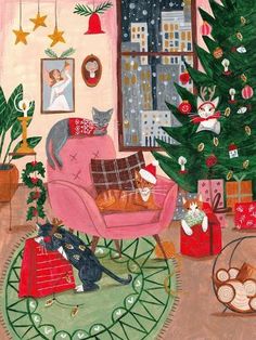 a painting of a living room with a christmas tree in the corner and cats on the rug