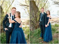 a man and woman in formal wear standing next to each other under a large tree