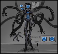 a drawing of a robot standing in front of a computer screen with an alien like creature on it's back