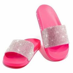 Martina Slides- Pink - Atlanta Shoe Studio Pink Open Toe Sandals With Rhinestones, Trendy Pink Sandals With Rhinestones, Pink Rhinestone Sandals For Summer, Pink Rhinestone Round Toe Sandals, Trendy Pink Platform Slides, Pink Open Toe Platform Slides, Pink Slip-on Platform Slides, Pink Platform Open Toe Slides, Pink Platform Slip-on Slides