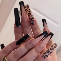 Nail Inspo Cheetah, Acrylic Nails 2024, Emo Nail Ideas, Cheetah Acrylic Nails, Emo Nails, Cheetah Nail Designs, Girly Acrylic, Long Press On Nails, Cheetah Nails