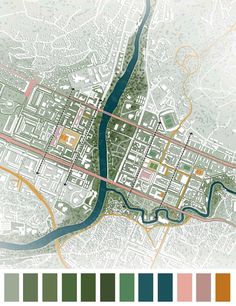 a map that shows the streets and roads in different colors, including red, yellow, green