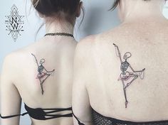 two women with tattoos on their backs, one has a skeleton and the other has a ballerina