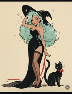 a drawing of a woman in a black dress with a cat