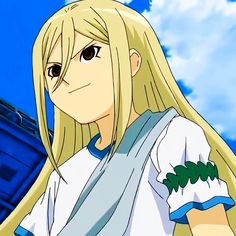 an anime character with long blonde hair wearing a white shirt and blue jeans, looking at the camera