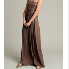 Light Mocha Color Strapless Maxi Dress Brown Strapless Ruched Dress, Brown Sleeveless Ruched Maxi Dress, Casual Brown Strapless Dress, Brown Ruched Maxi Dress For Date Night, Chic Brown Strapless Dress, Casual Brown Maxi Dress For Evening, Mocha Color, Strapless Maxi, Strapless Maxi Dress