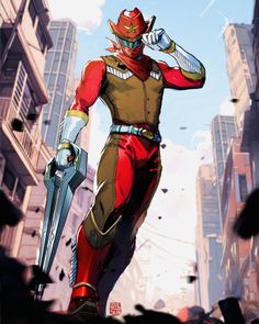 an anime character is walking through the city with two swords in his hand and wearing a red outfit