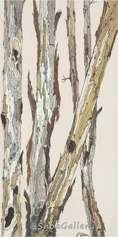 an abstract painting of tree trunks with white and brown paint