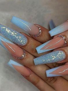 Upgrade Your Look With 24pcs Icy Blue French Tip Long Coffin Glittered Full Cover Fake Nail Kit | SHEIN USA Long Acrylic Nail Designs, Blue Acrylic Nails, Winter Nails Acrylic, Cute Acrylic Nail Designs, Long Acrylic Nails Coffin, Coffin Shape Nails, Bling Acrylic Nails, Acrylic Nails Coffin Short