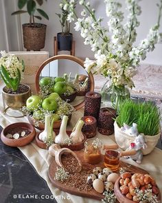 a table topped with lots of different types of flowers and plants next to potted plants