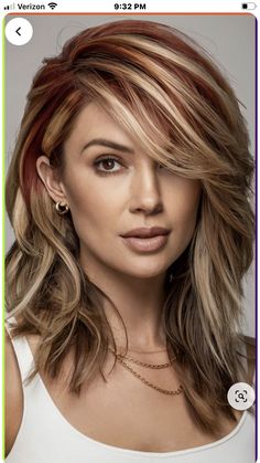 Foil Color Hair Highlights, Fall Colors For Blonde Hair, Red Foils In Brown Hair, Metallic Blonde Hair, Red And Blonde Ombre Hair, Hair Color Ideas Blonde And Red, Medium Fall Hairstyles 2024, Shag Hair With Highlights, 2024 Fall Hair Color Trends Blonde