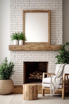 a living room with a fire place and potted plants