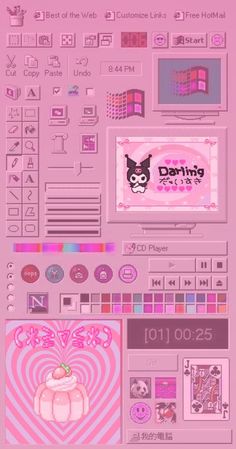 a computer screen with pink and purple designs on the bottom, and an image of a cake