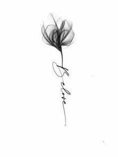 a black and white photo of a flower with the word love written in cursive writing