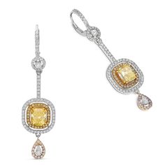 Dainty and dazzling, these glimmering white and fancy colored diamond mix drop earrings are certain to delight. Crafted in cool 18K white, rose and yellow gold, each earring features a sparkling fancy colored cushion cut fancy yellow diamond center stone wrapped in a double pave lined diamond halo. The post and dangle features unique detailing and striking shimmer to complete the look. 
1.54 GIA fancy Intense Yellow
1.70 GIA fancy Intense Yellow
Pave diamonds:
0.45 Fancy Yellow Diamond, Colourful Cushions, Stone Wrapping, Orange Sapphire, Diamond Drop Earrings, Diamond Drops, Tennis Bracelet Diamond, Fancy Color Diamonds, Yellow Diamond