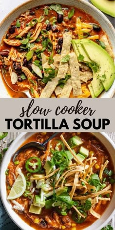 slow cooker tortilla soup in a white bowl with avocado and cilantro