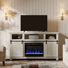 a living room with a television and fireplace