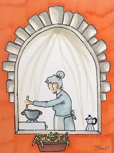 a drawing of a person cooking in front of a window with an orange background and potted plants