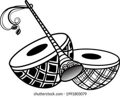 two musical instruments are sitting next to each other on a white background, one is black and the other is white