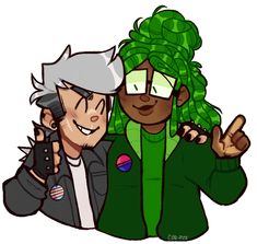 an image of two people with green hair and one is talking on his cell phone