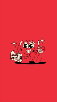 a red background with an image of a cartoon character holding a game controller and playing video games