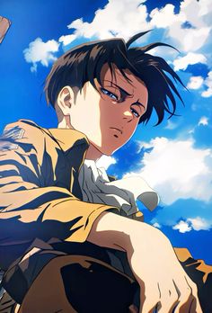 an anime character with black hair and blue eyes looking at something in the sky behind him