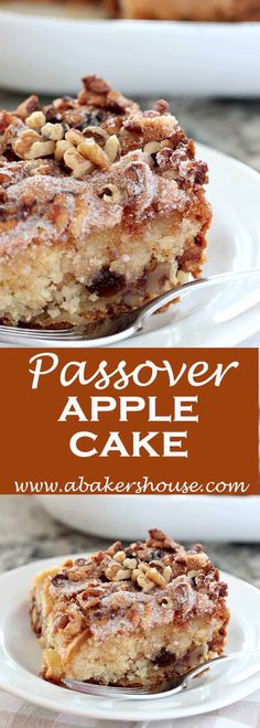 two pieces of apple cake sitting on top of white plates with text overlay that reads, passover apple cake