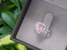 a pink diamond ring sitting on top of a velvet box in front of some green plants