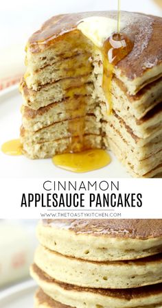 a stack of pancakes with syrup being drizzled on top and the words cinnamon applesauce pancakes above it