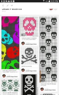 cross stitch patterns with skulls and bones on the bottom right hand side, in different colors