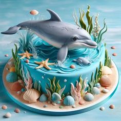 a blue cake with a dolphin and sea life on it's side, surrounded by seashells