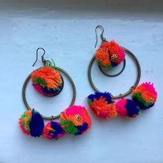 Pom Earrings, Pom Pom Earrings, Boho Handmade, Colorful Boho, Earrings Boho, Handmade Boho, Boho Earrings, Costa Rica, Royal Mail