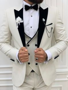 Suit Material: 65% Polyester, 32% Viscose, 3% Lycra Machine Washable: No Fitting: Slim-fit Cutting: Single Button, Double Slits Package Include: Jacket, Vest, Pants Gifts: Bow Tie, Flower, Chain Dry Clean Only Prom Pants, Peak Lapel Tuxedo, Men Suits Wedding, White Wedding Suit, Tuxedo Colors, Mens 3 Piece Suits, Slim Fit Suit Men, Suits Prom, Beige Wedding