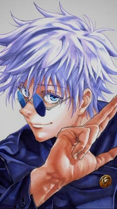 an anime character with blue hair and glasses making the peace sign while pointing to his left