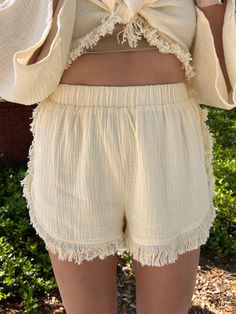 Sierra Cream Colored Shorts with fringe detail Fringe Top, Short Fringe, Summer Wardrobe Essentials, Endless Summer, Sweater Blouse, Denim Pant, British Indian, Dress Romper, Summer Wardrobe