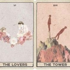 four different types of tarot cards with the same person standing on top of a mountain