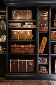 the shelves are filled with many different types of suitcases