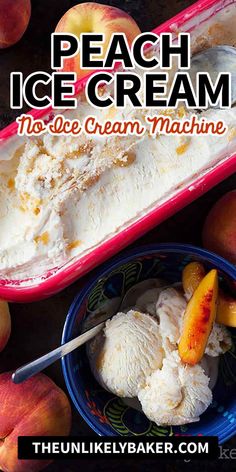 peach ice cream in a bowl with two scoops on the side next to fresh peaches