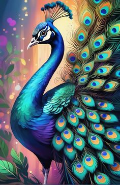 a painting of a peacock with feathers spread out