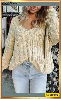 Beige V Neck Loose Knit Sweater Beige V-neck Cable Knit Top, Cream Open Knit Top For Fall, Cream Knit V-neck Sweater For Spring, Casual Cream Knit Top, Oversized Cable Knit Tops For Spring, Cream Open Knit Top For Winter, Cream Open Knit Winter Top, Cream Knit V-neck Sweater, Casual Winter V-neck Sweater With Open Knit