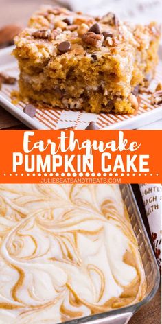 pumpkin cake with white frosting and chocolate chips on top, in a baking pan