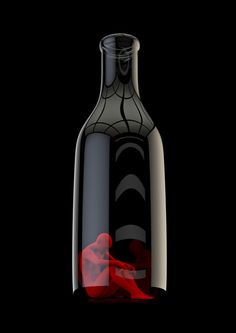 a glass bottle with red liquid in it on a black background and an image of a man