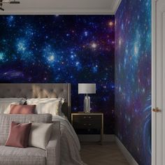 a bedroom with a bed, night sky and stars wallpaper