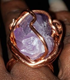 Amethyst Wrapped Copper Ring Mystical Amethyst Purple Ring, Mystical Purple Amethyst Rings, Mystical Handmade Purple Rings, Wire Wrapped Amethyst Ring Jewelry, Unique Purple Amethyst Ring With Stones, Unique Amethyst Rings With Stones, Unique Purple Ring With Large Stone, Spiritual Purple Open Ring, Handmade Mystical Amethyst Rings