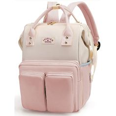 a pink and white backpack with two compartments