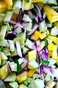 two pictures show different types of vegetables and fruits in the same photo, one is cut up into cubes