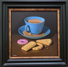 a painting of a cup of coffee and some cookies